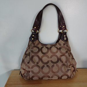 COACH 15097 MAGGIE OP ART SIGNATURE KHAKI JACQUARD BROWN LEATHER TRIM HANDBAG